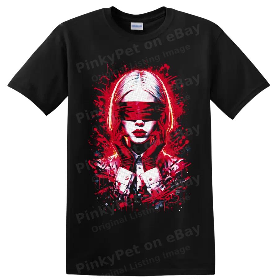 Blindfolded Woman Abstract Portrait T Shirt w/ Red Paint Splatter Graphic Tee