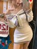 Preppy uslubi Elegant kamonli Slim ko'ylak Ayollar Kuz Qish Shirin Uzun qisma Trikotaj ko'ylaklar Koreya Shikkasi Kundalik Son ko'ylagi 2024 Yangi