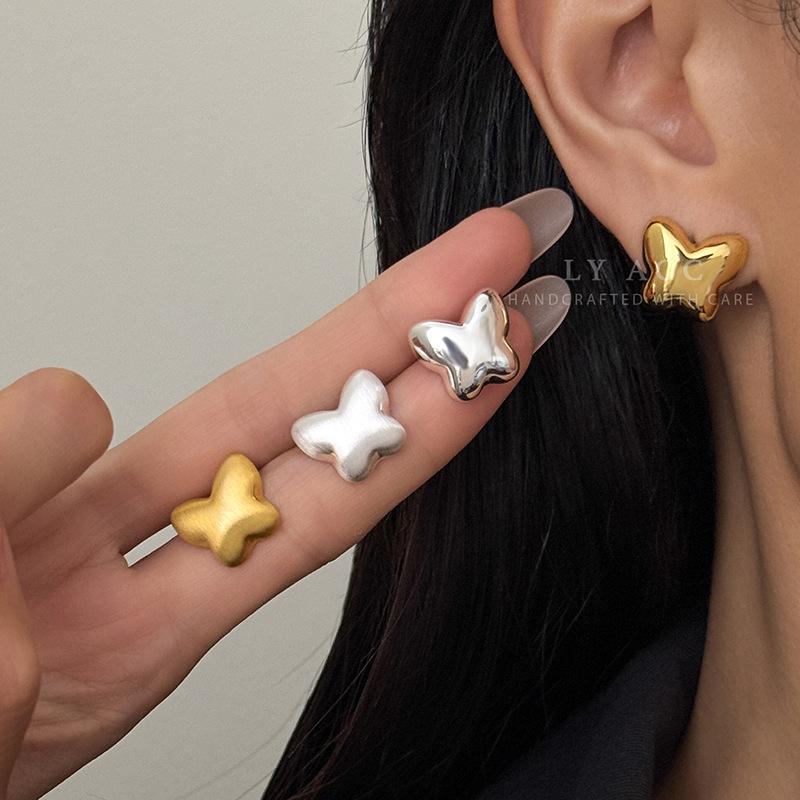 Three-dimensional full butterfly stud earrings brushed glossy metal earrings simple and advanced sense niche temperament versatile earrings women