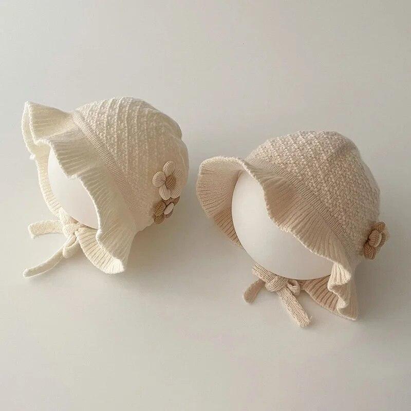 Baby Knitted Hat with Rope Retro Flower Beanie Cap for Girls Handmade Weave Infant Bonnet Winter Earflaps Caps Kids Accessories