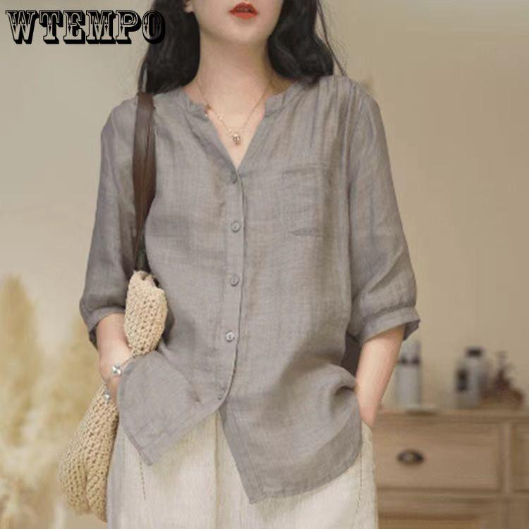 Летняя однотонная рубашка с V-образным вырезом для женщин, рубашка с рукавами средней длины в западном стиле для женщин