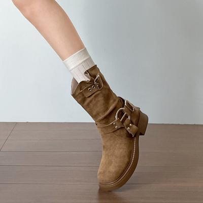 Хаки ретро толстый каблук толстая подошва ботинки Мартин женские 2025 новые осенние увеличивающие рост и стройнящие западные ковбойские короткие ботинки