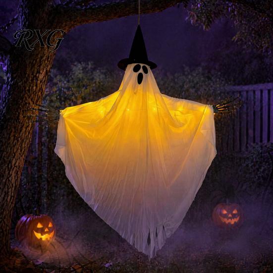 Outdoor Spooky Decor Halloween Hanging Ghost with Witch Hat, Light Up Eerie Glow for Porch Tree, Haunted House Scene Ornament Hat