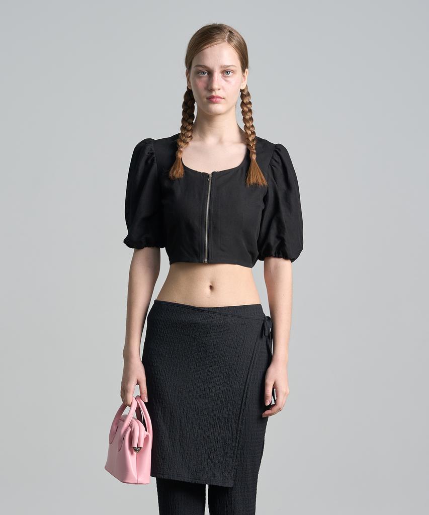320SHOWROOM Linen Puff Zipper Crop Blouse Black