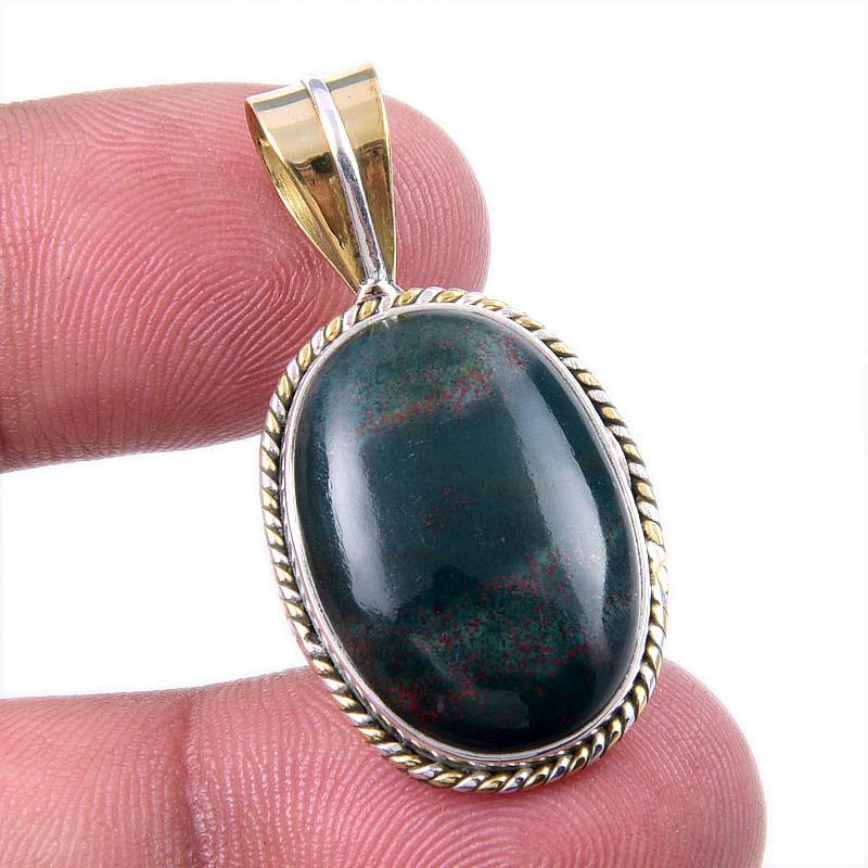 Natural Bloodstone Gemstone 925 Solid Sterling Silver TwoTone Pendant 1.50" G4k56