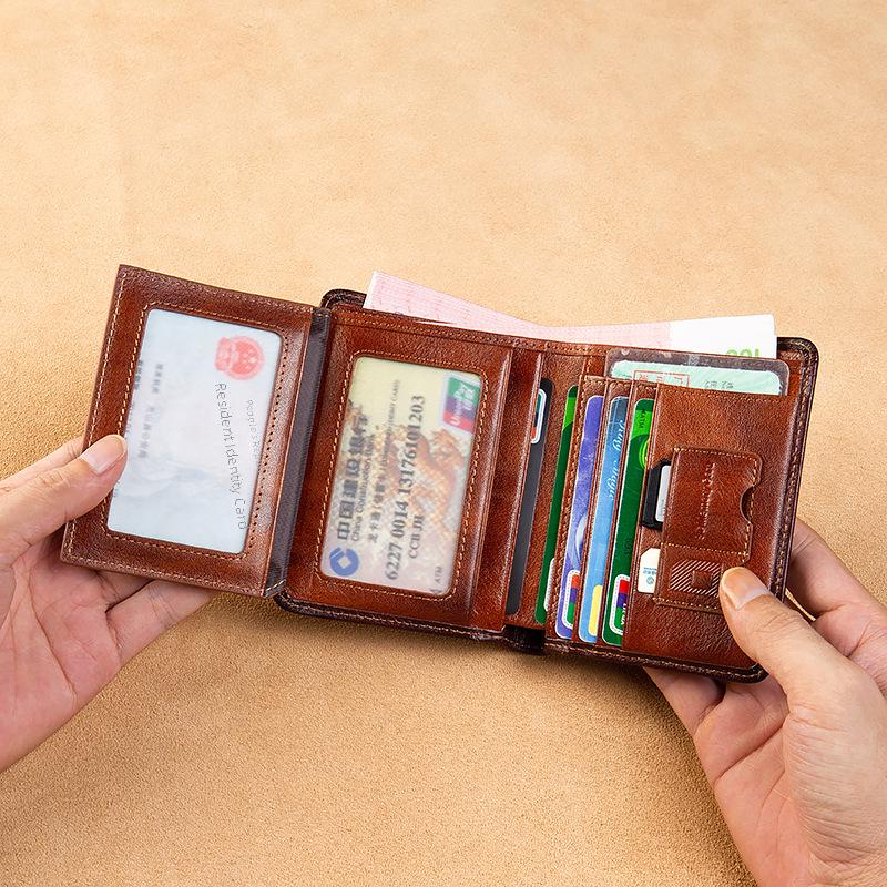 Genuine Leather Ultra-Thin Men's Multi-Function Short Wallet with Driver's License Holder and Anti-Theft Design.