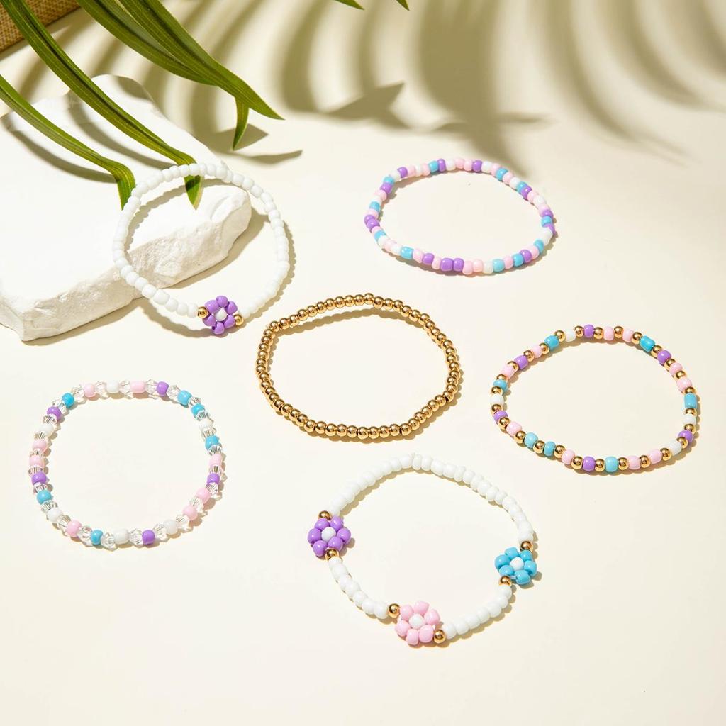 6PCS New Sweet and Cute Colored Rice Bead Small Flower Bracelet Women's Jewelry Dopamine Style Travel Daily Matching Bracelet