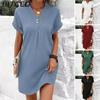 Летнее женское платье с V-образным вырезом на пуговицах с коротким рукавом, свободный однотонный пуловер, повседневная одежда, мини-платье