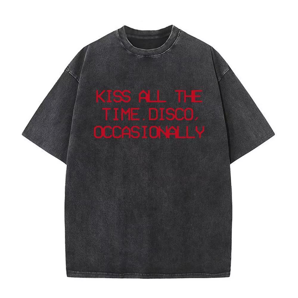 Kiss All The Time Disco Occasionally Album Vintage Washed Tshirts Men Women Clothing Fashion Hip Hop Short Sleeves T Shirt