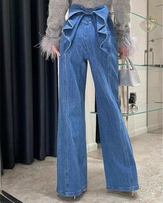 Y2k Bow Pleat Женские расклешенные джинсы Брюки Широкие прямые с высокой талией Женские джинсовые брюки Тянущиеся потертые брюки High Street
