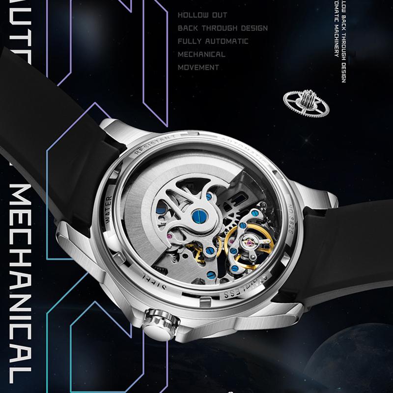 AILANG Fashion Sports Design Tourbillon Watch Men's Waterproof Rubber Strap Automatic Mechanical Watch Hollow Watch for Men