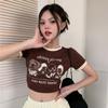2024 Summer Women's American Retro Contrast Color Crop Top - Printed Round Neck Slim Fit Short Sleeve Tee
