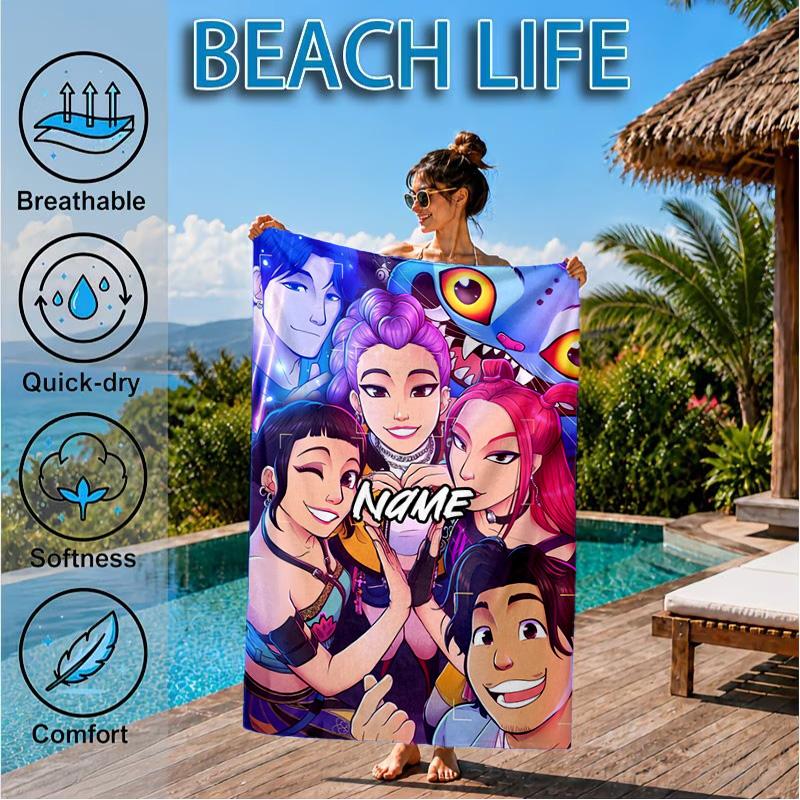 Custom Name Fantasy Friends KPop Beach Towel Microfiber Beach Towel, Lightweight and Quick-Dry, for Summer Travel, Swimming Pool Gift