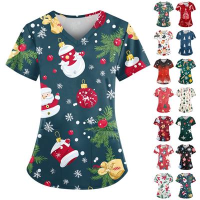 Женский свободный облегающий топ с принтом рождественского снеговика и V-образным вырезом, короткими рукавами и карманами