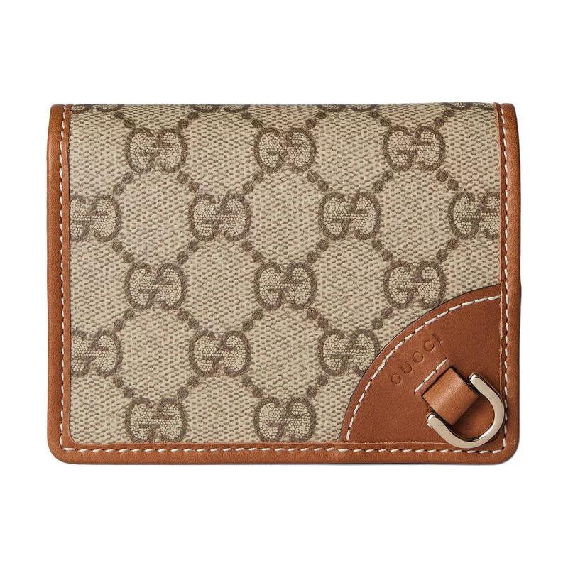 Gucci GG Emblem series snap closure coated canvas wallet mini unisex couple model beige with dark brown
