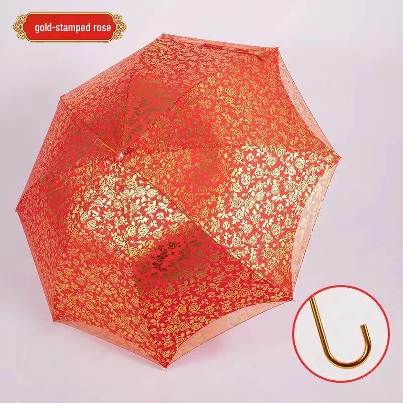 Ярко-красный вышитый свадебный зонт с кружевным краем и длинной ручкой