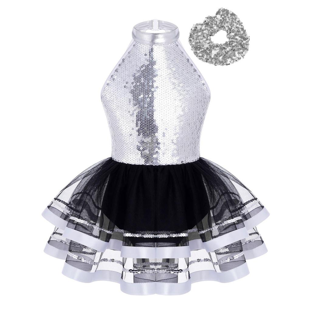 Костюм для танцев для девочек, топ-халтер без рукавов с открытой спиной, платье-пачка, украшенное блестящими пайетками, комплект с головным убором