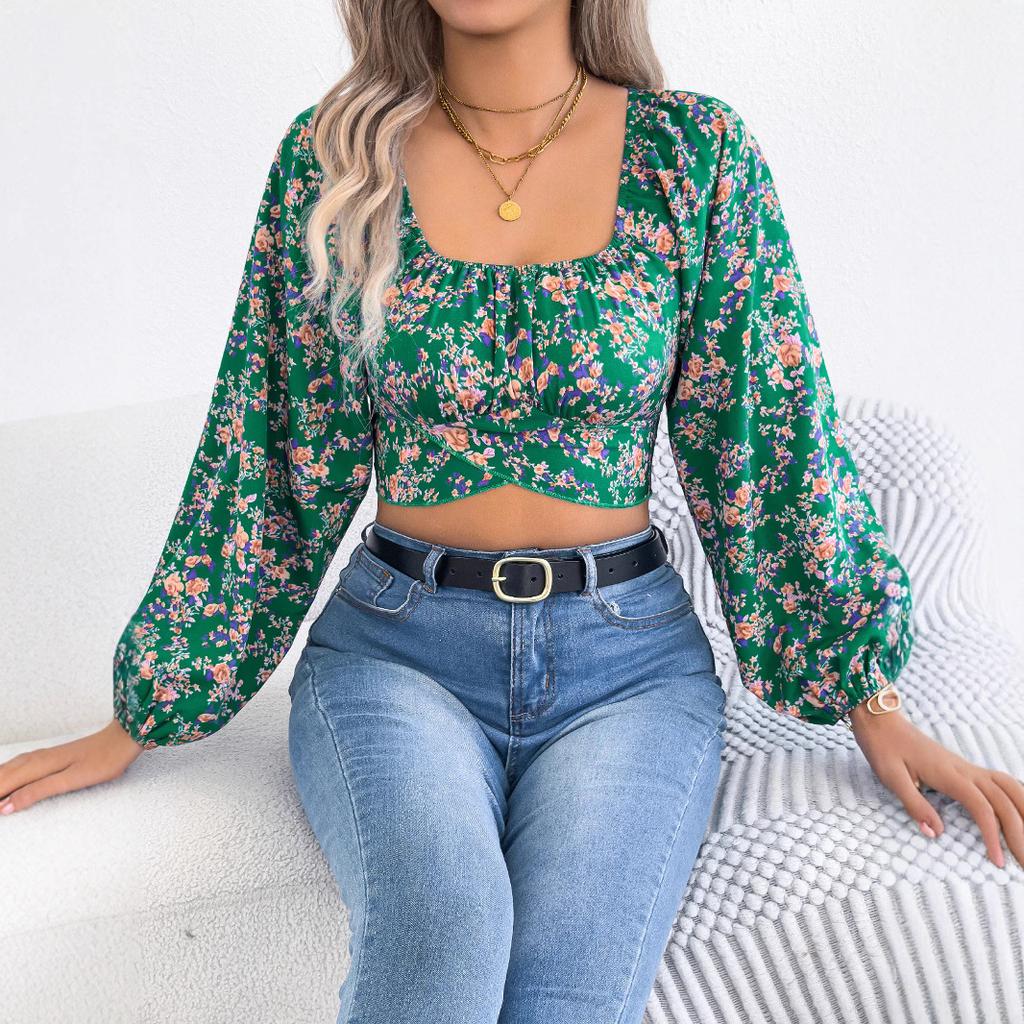 Ранняя осень, цветочный, рукав-фонарик, завязка, приталенная талия, кроп-топ для женщин