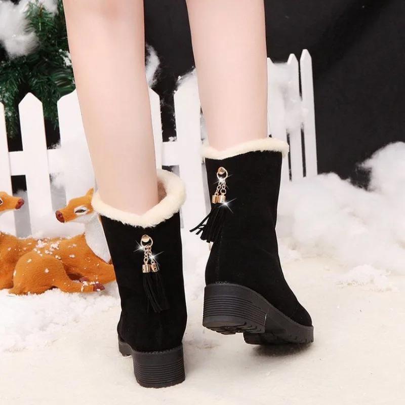 Модные женские туфли из красной замши средней длины с кисточками и круглым носком, элегантные, со средним каблуком, женские зимние сапоги в стиле готики Furry Cosplay