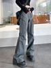 2025 Spring Summer New Gray Cargo Pants Women's High Waisted Thin American Retro Straight Wide-leg Pants Y2k Casual Flared Pants