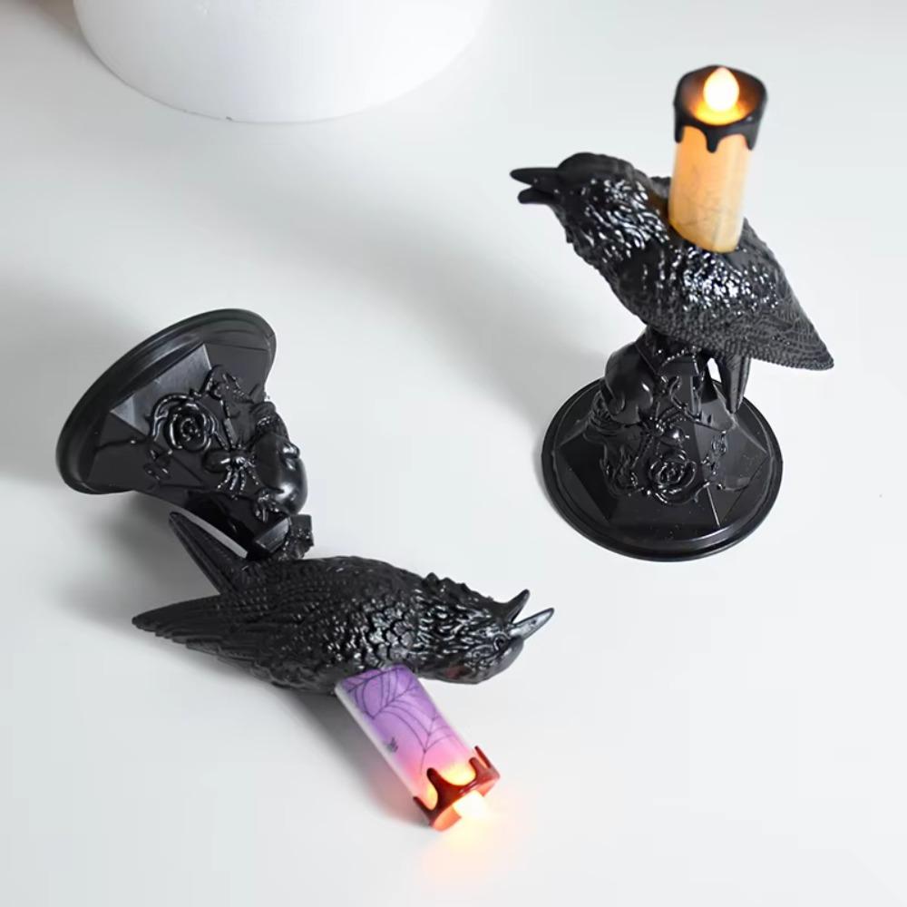 Gothic Raven LED Candles Realistic Table Lamp Black Crow Statue Glowing Candlestick  Halloween