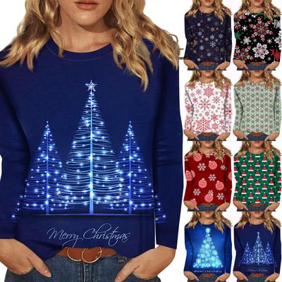 Женская модная повседневная футболка с круглым вырезом и рождественским принтом и длинными рукавами