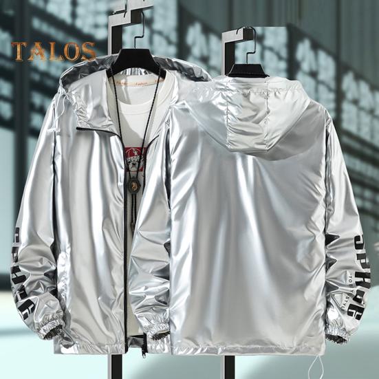 Men Shiny Glossy Coat Hooded Long Sleeve Teenager Coat with Adjustable Drawstrings Cuffed Sleeves Bright Surface Jacket