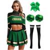 Women Cheerleading Performance Dance Outfit Long Sleeve Mock Neck Rhinestones Crop Top Pleated Skirt Hair Tie Set