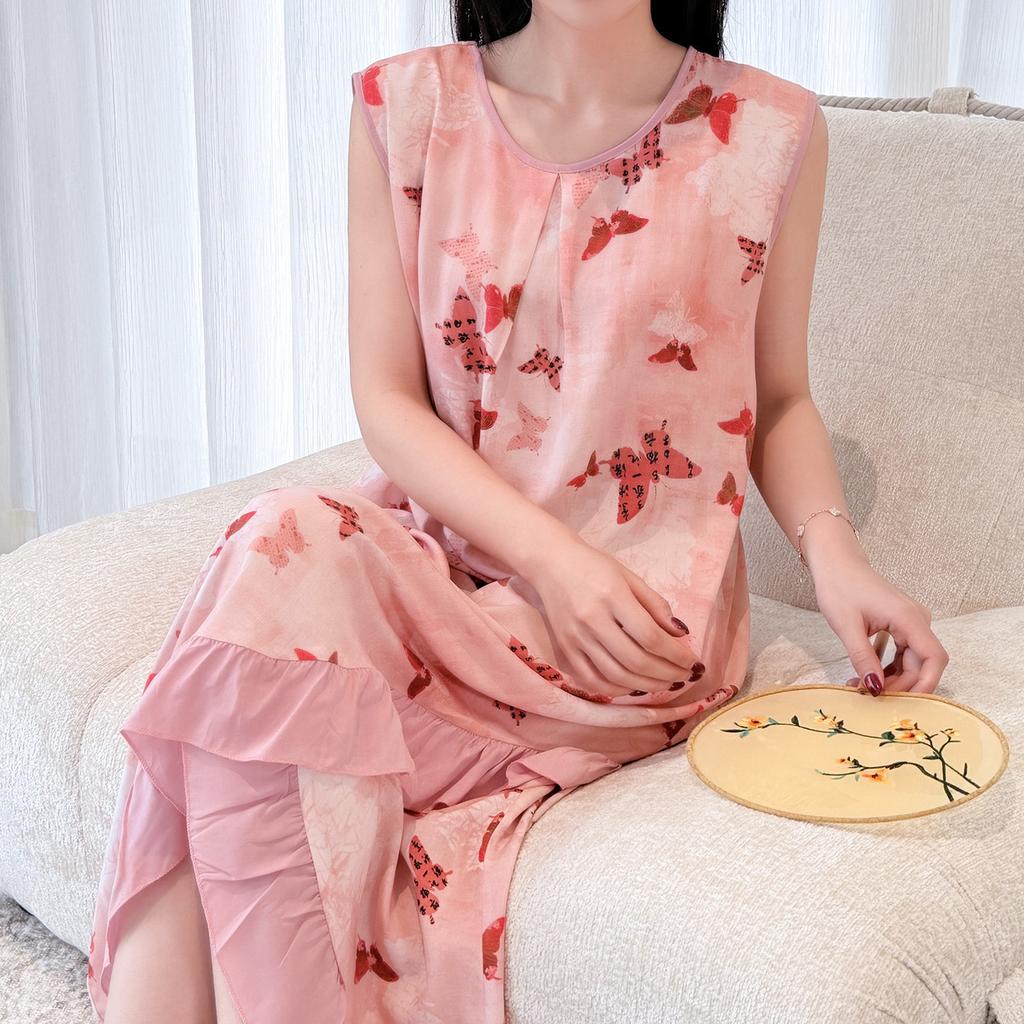 Holiday style sleeveless floral nightdress women's summer thin cotton and silk lotus leaf edge medium and long can be worn outside loungewear pajamas