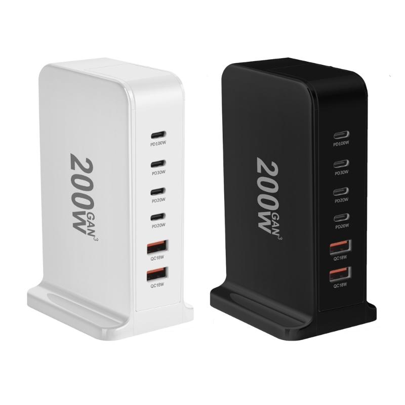 Зарядное устройство USB C 200 Вт Блок быстрой зарядки 6-портовая зарядная станция Кирпичик Зарядное устройство для ноутбука 2 USB+4 Type C для путешествий дома