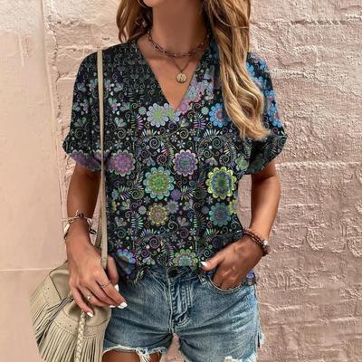 Этнический принт летняя женская футболка с коротким рукавом модная футболка с V-образным вырезом повседневная уличная футболка Harajuku для женщин уличная одежда