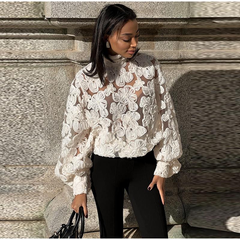 High Neck Stereo Flower Shirt Lace Hollow Out Top Perspective Organza Long Sleeved Trendy French Blouse Smock Women