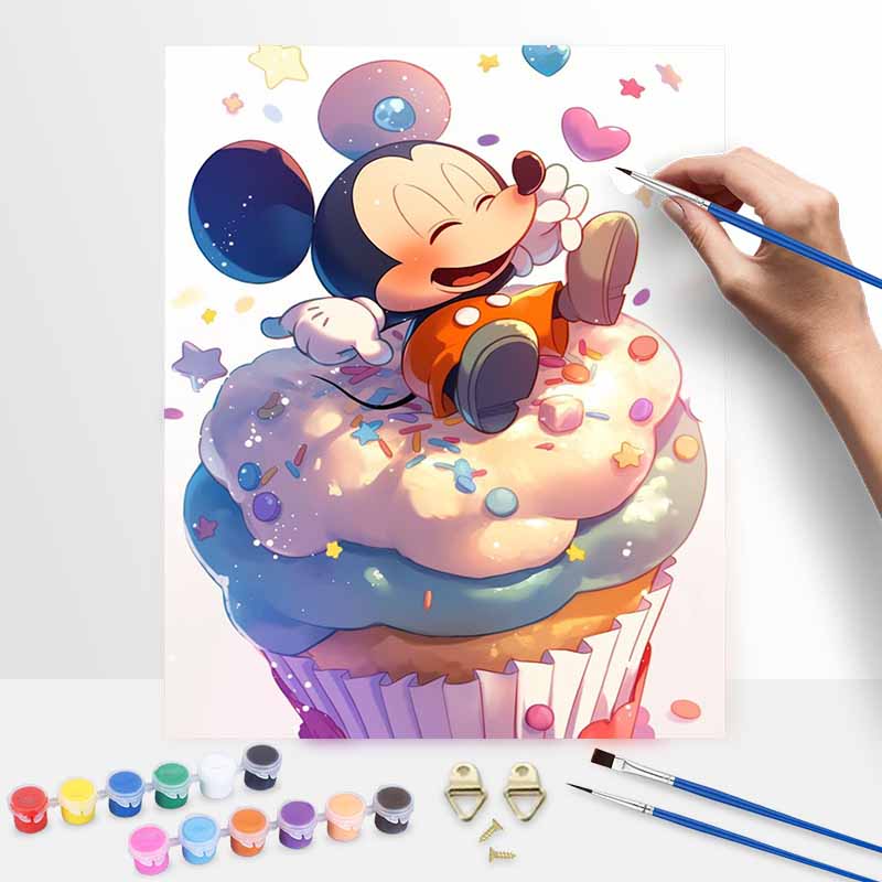 Disney Oil Painting DIY Digital Painting Cute Mickey Mouse with Sweet Cupcake Wall Art for the Living Room or Entryway.