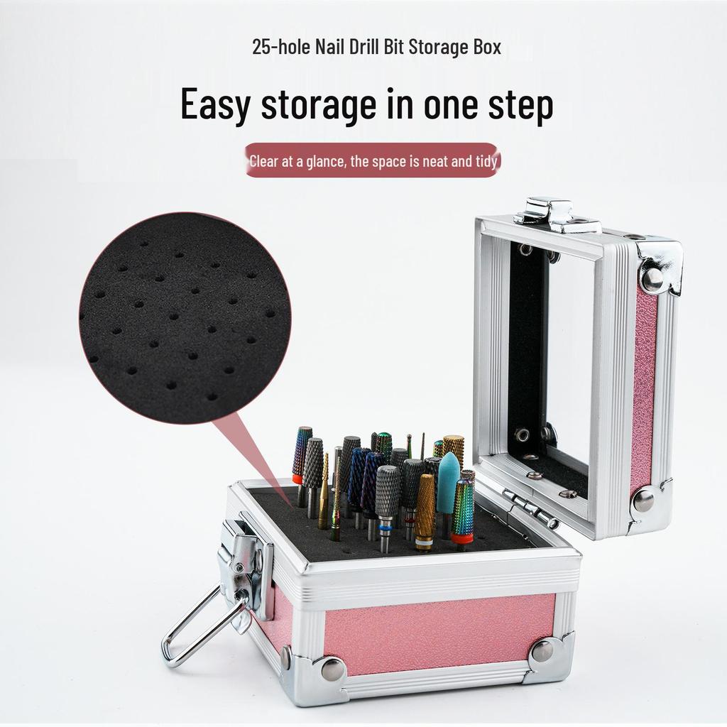 Nail Art High-End 25-Hole Grinding Head Organizer with Portable Aluminum Box