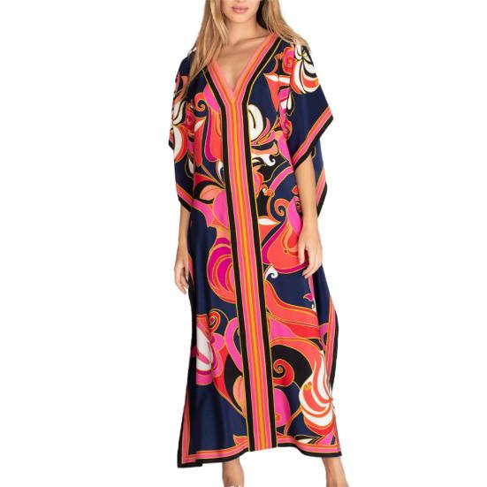 2024 платье-халат с v-образным вырезом и рукавами «летучая мышь», свободное платье до щиколотки, крутое богемное платье с геометрическим принтом, пляжная одежда