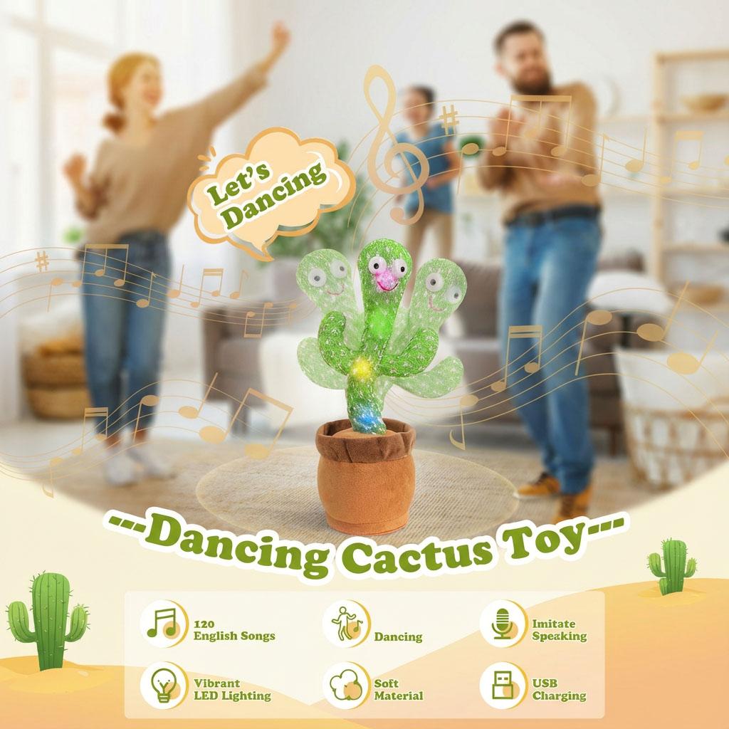 Funny Dancing Cactus Plush Toy Repeats What You Say with LED Lights and Music Interactive Stuffed Toy for Baby Toddlers