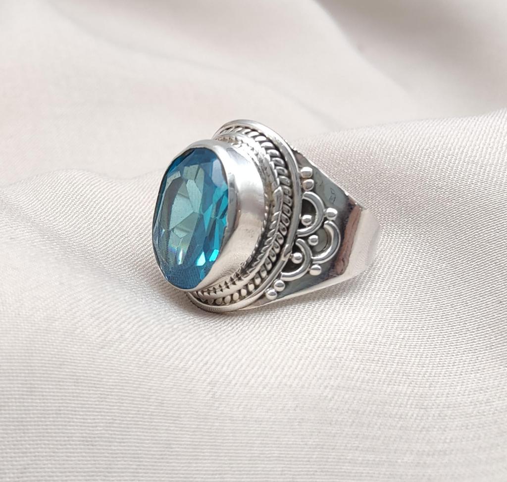 Blue Topaz Ring: Handmade 925 Sterling Silver Boho Statement Jewelry