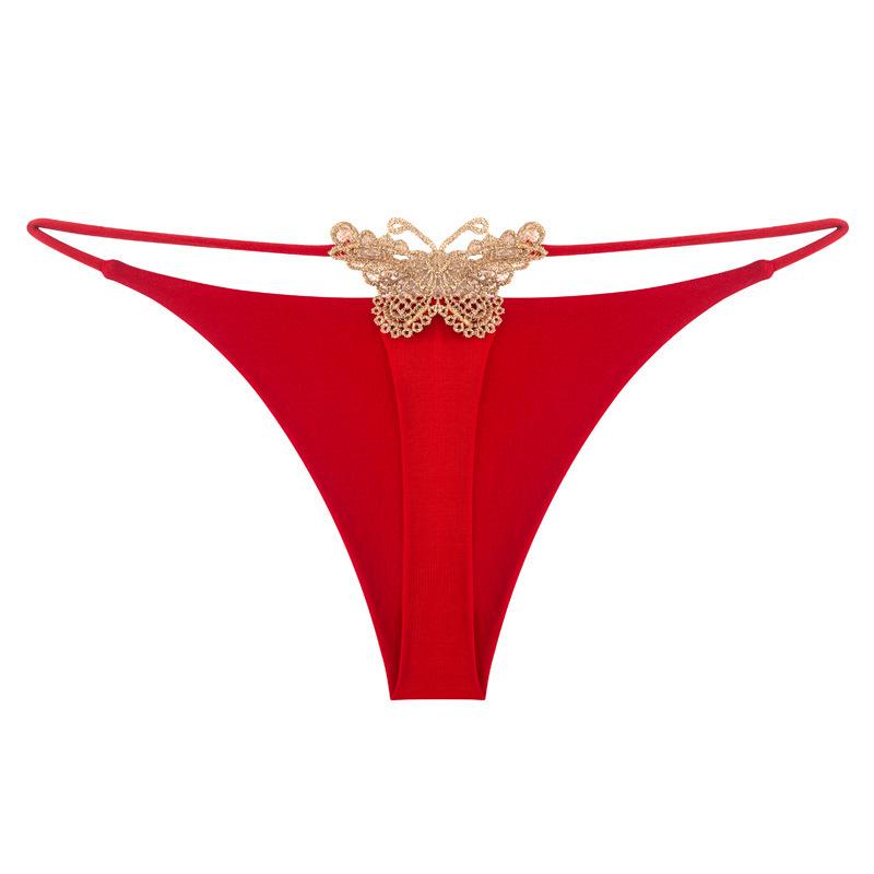 Butterfly Embroidered Low-Waist Double-Layer Thong Bikini Underwear