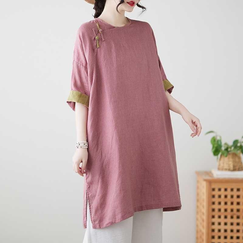 Реальное фото весна и лето новая хлопковая и льняная этнический стиль ретро пряжка средней длины рубашка женская