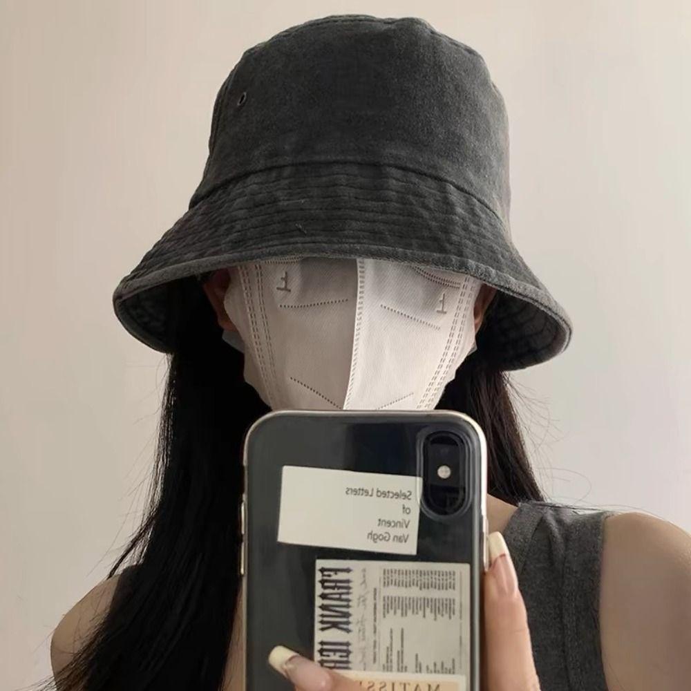 Teenager Sunshade Bucket Hat Solid Color Fisherman Hat Washed Denim Bucket Cap Men Women