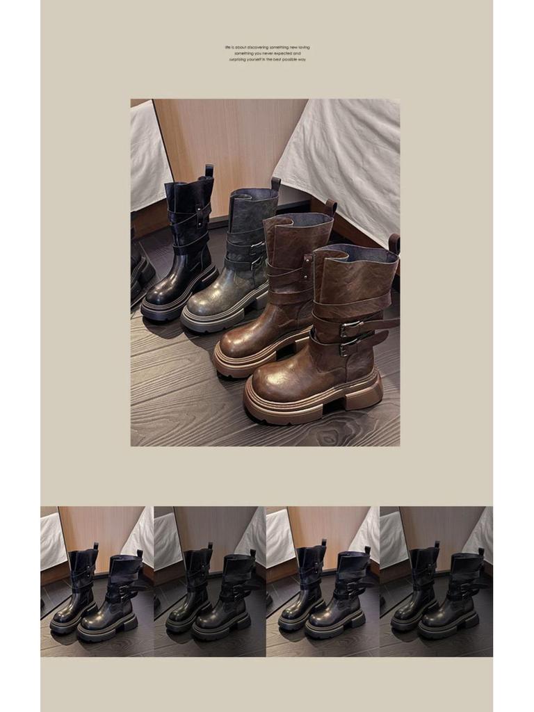 Женские осенние ботинки Мартин 2025 с пряжкой-ремнем - Универсальные, стройнящие, на толстой подошве, увеличивающие рост короткие ботинки для женщин и мужчин