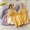 Women Knitted Crop Tops Y2K Cute Button Up V-Neck Sleeveless Straps Tops