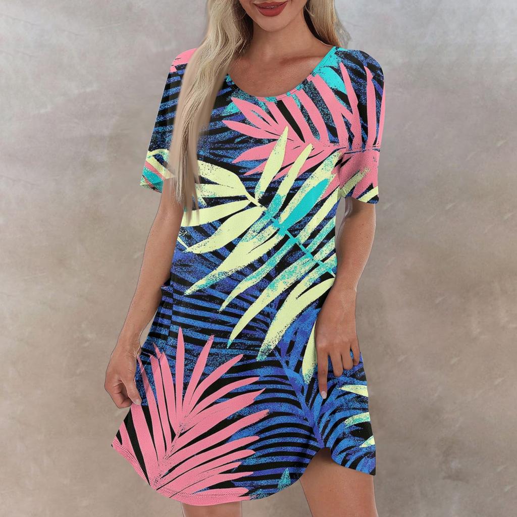 Женское повседневное и модное платье средней длины с V-образным вырезом и коротким рукавом с принтом