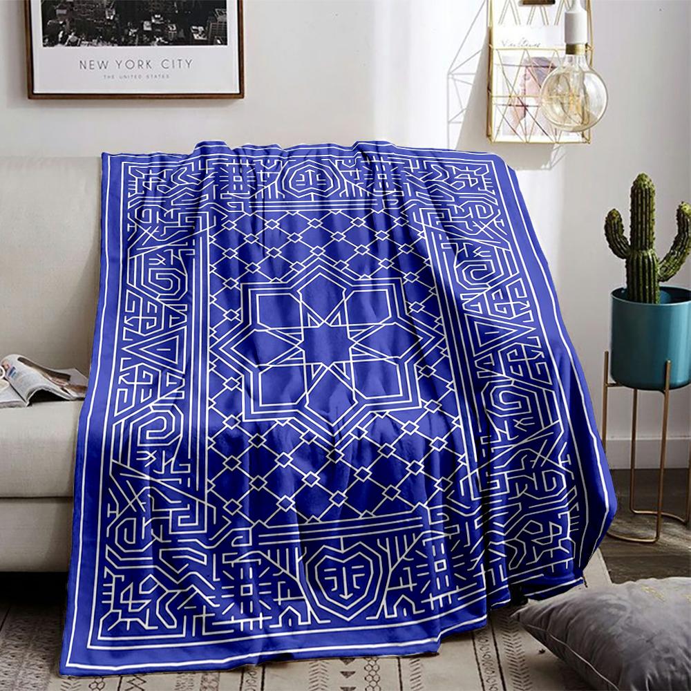 Geometric Blue blanket with Intricate White Pattern for blanket, suitable for use in the bedroom, living room, on the sofa