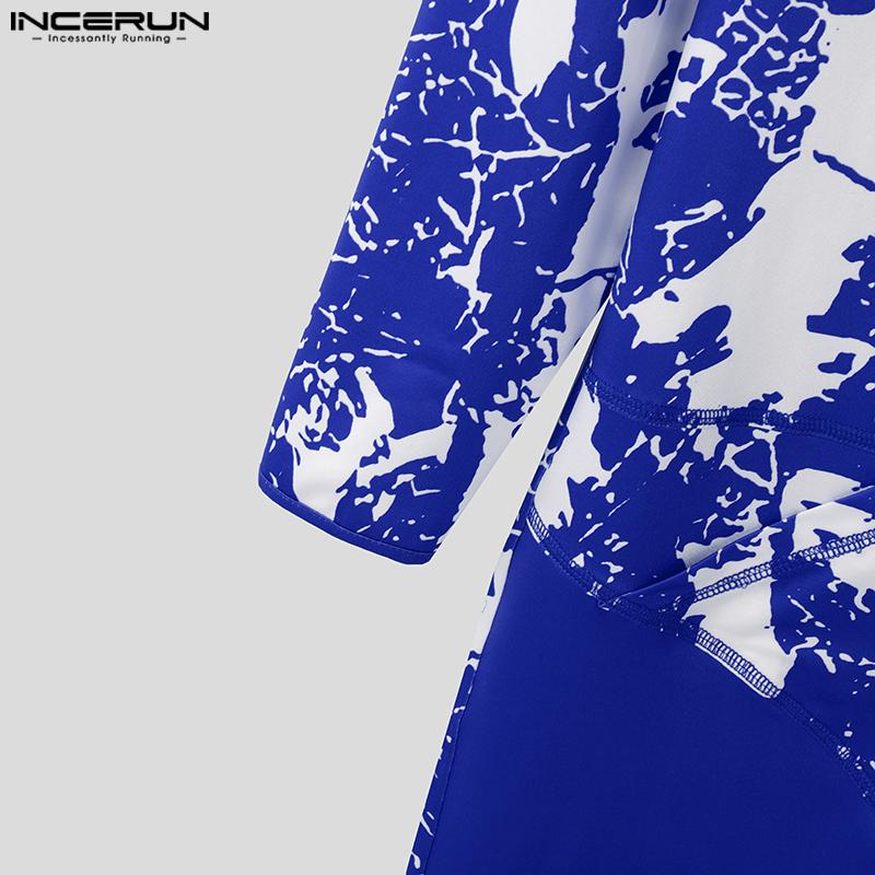 INCERUN Мужской комбинезон с длинным рукавом и принтом, открытым спереди, на шнуровке, короткий, цельный, боди, комбинезоны 