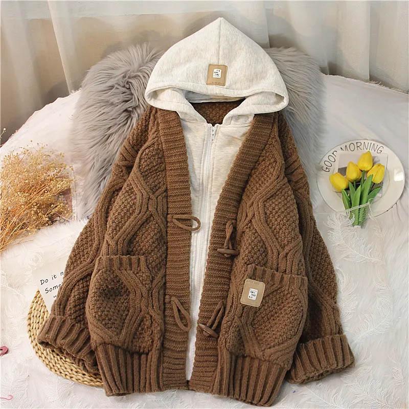 Hooded Sweater Jacket Women Autumn False Two Pieces Loose Medium-length Paragraph Button Sweater Cardigan