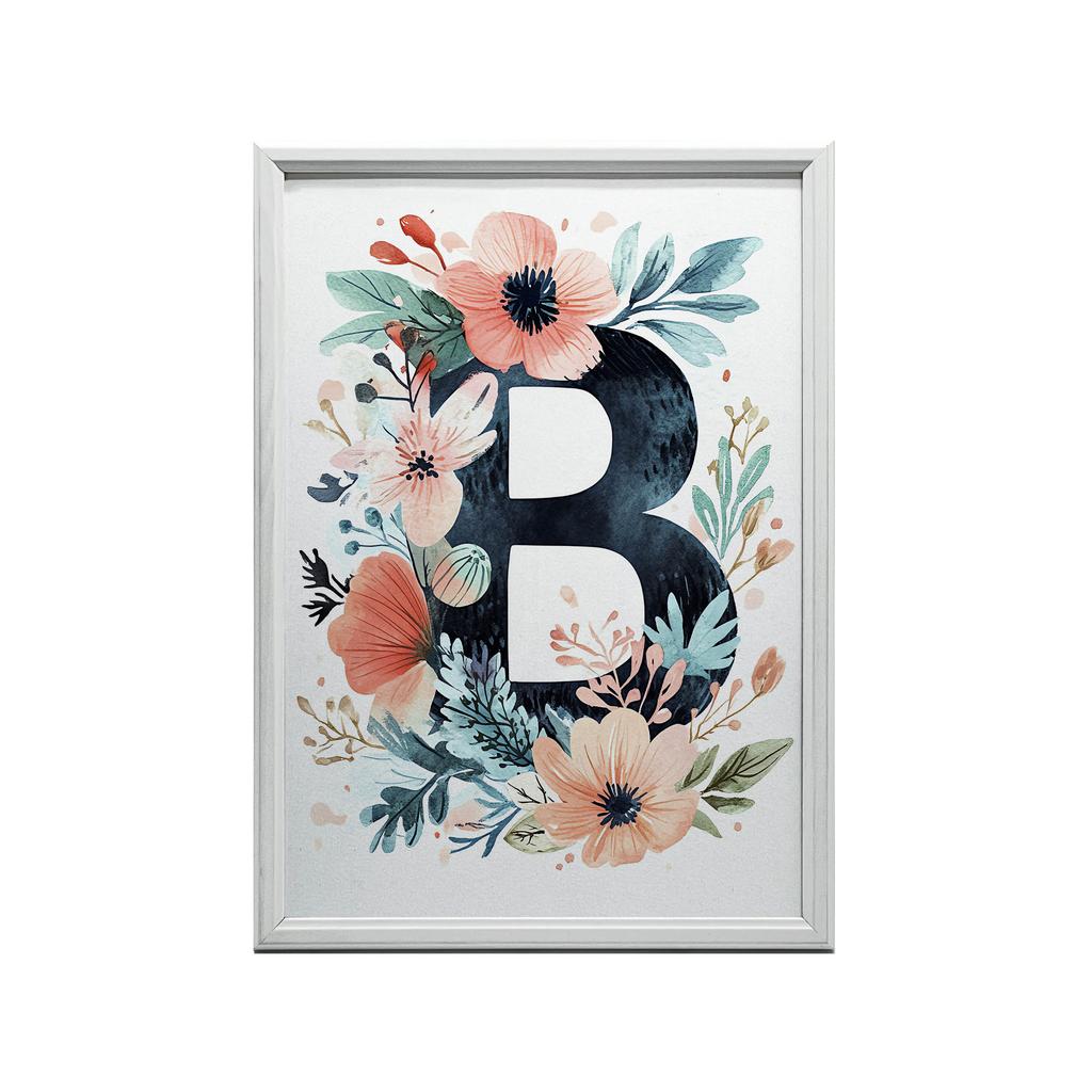 Plakat Litera "B" Otoczona Kolorowymi Kwiatami Plakat Litera "B" Otoczona Kolorowymi Kwiatami, 30X40 Cm, Rama Drewniana Ciemny Brąz, Papier Matowy 230
