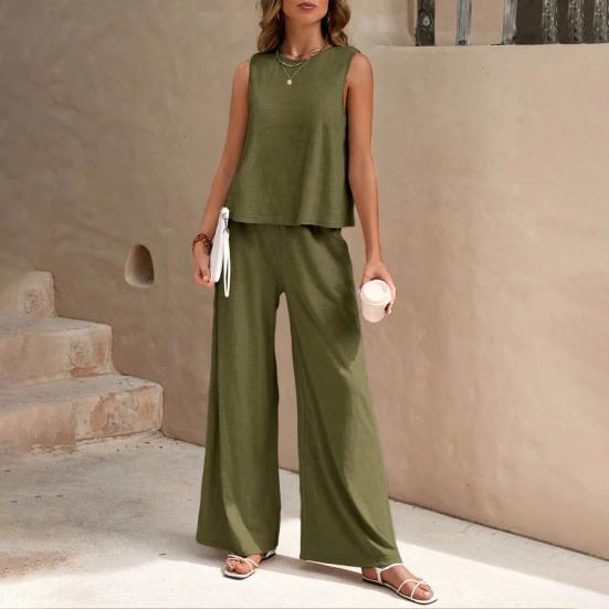 Женский комплект из 2 предметов: жилет, брюки, круглый вырез, без рукавов, однотонный топ, высокая талия, широкие брюки, повседневный наряд для отпуска, летняя пляжная одежда