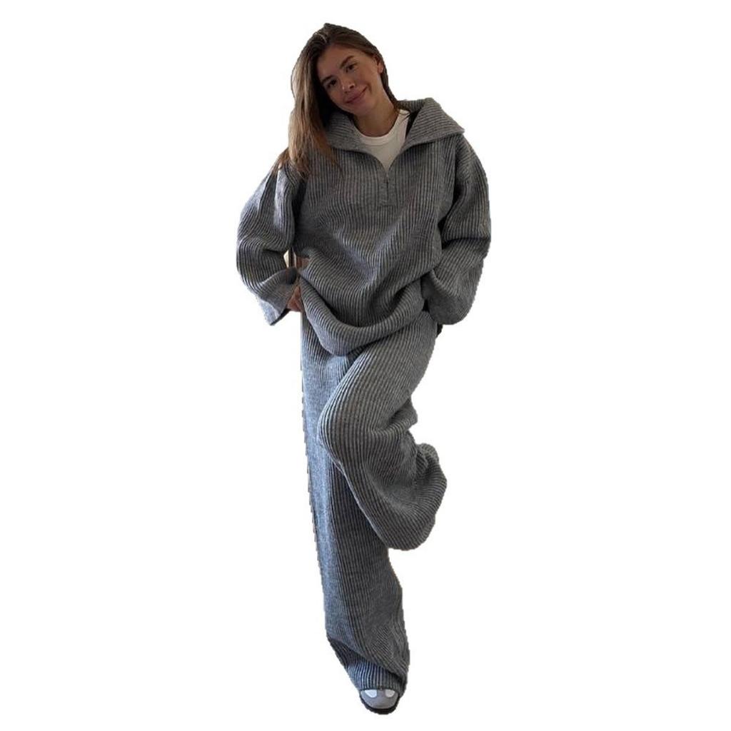 Новый женский вязаный костюм на осень-зиму 2025 года с воротником на молнии, длинными рукавами и брюками палаццо для Европы и Америки