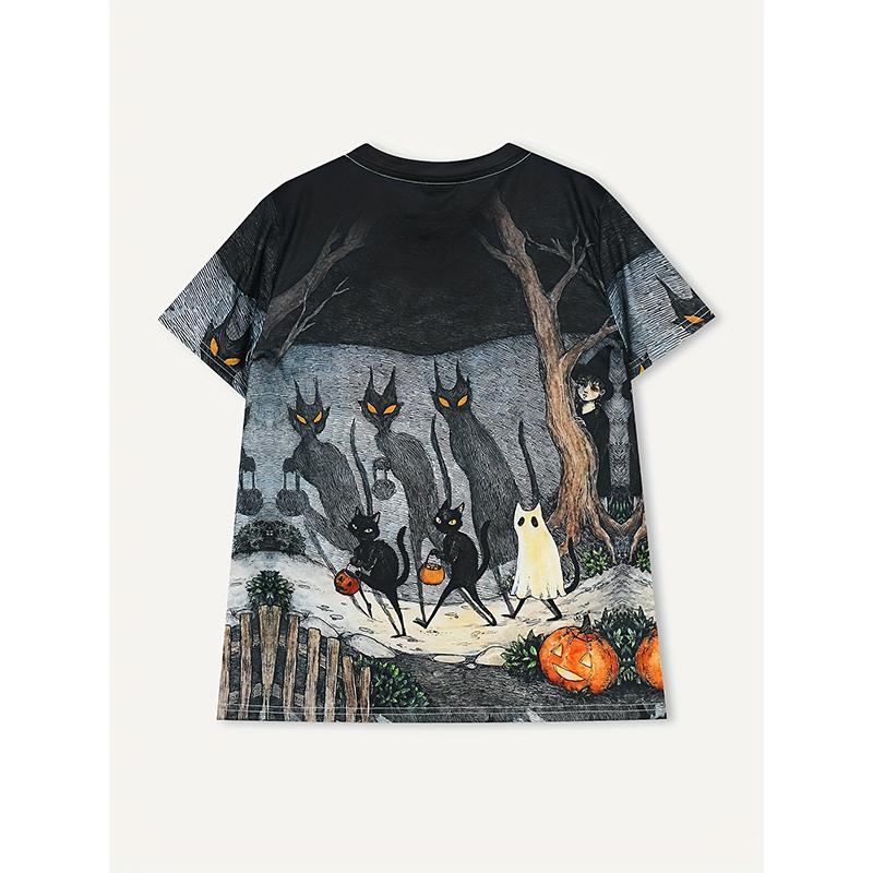 2024 модная новая женская футболка с круглым вырезом и принтом котенка на Хэллоуин, свободный топ для женщин, летняя повседневная дышащая футболка